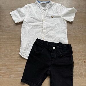 H&M boys 2pc white textured shirt & black denim shorts outfit set size 5 years